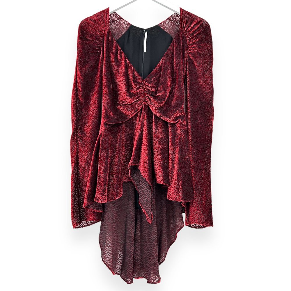 ROSETTA GETTY Burgundy Dark Red Velvet Peplum V-Neck Long Sleeve Silk Blouse Top